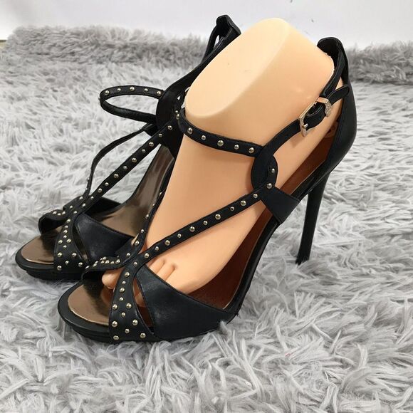 BCBG MAXAZRIA Black Leather Gold Stud Strappy Heels Stilettos Forrester 10‎ - Picture 1 of 8